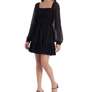 1.state smocked chiffon long sleeve mini dress black S FLAW-needs quick stitch
